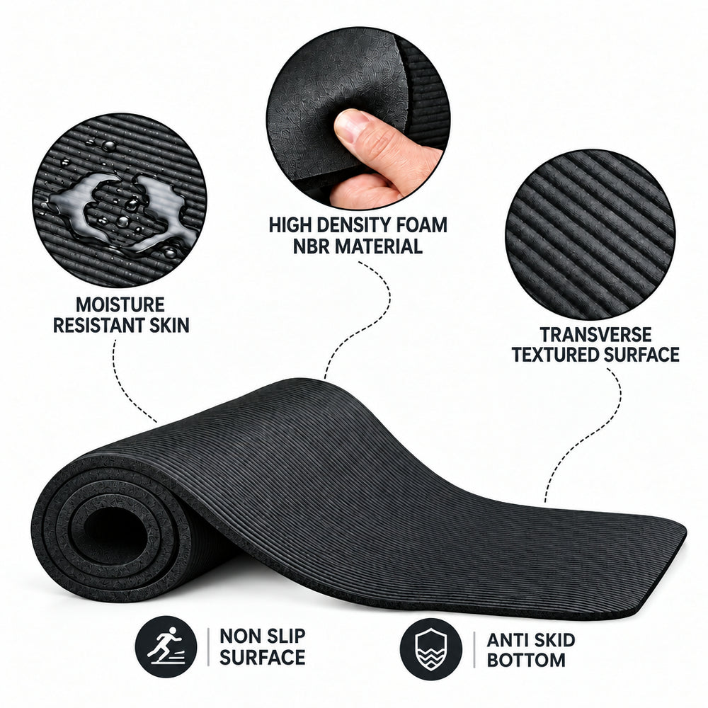 A black yoga mat shown rolled and partially unrolled on a white background, with three circular callout insets highlighting texture and features
