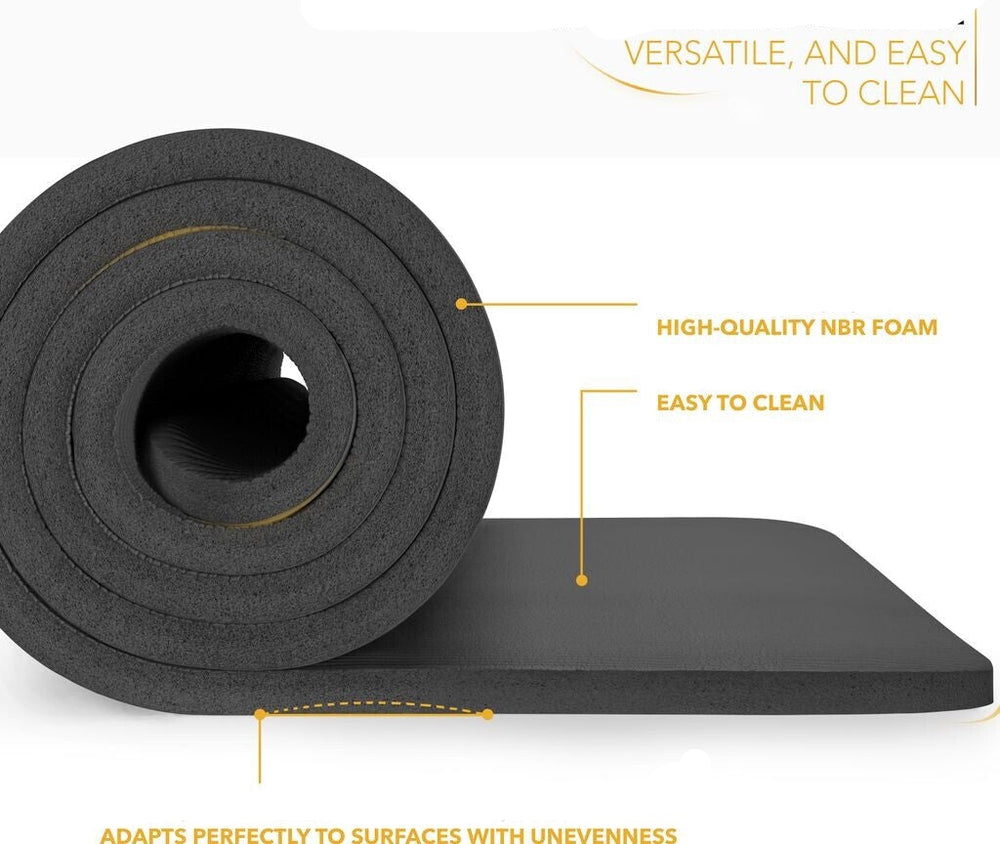Black foam mat with text highlighting its features on a white background