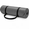 A gray rolled exercise/yoga mat with a black carrying strap, shown on a white background