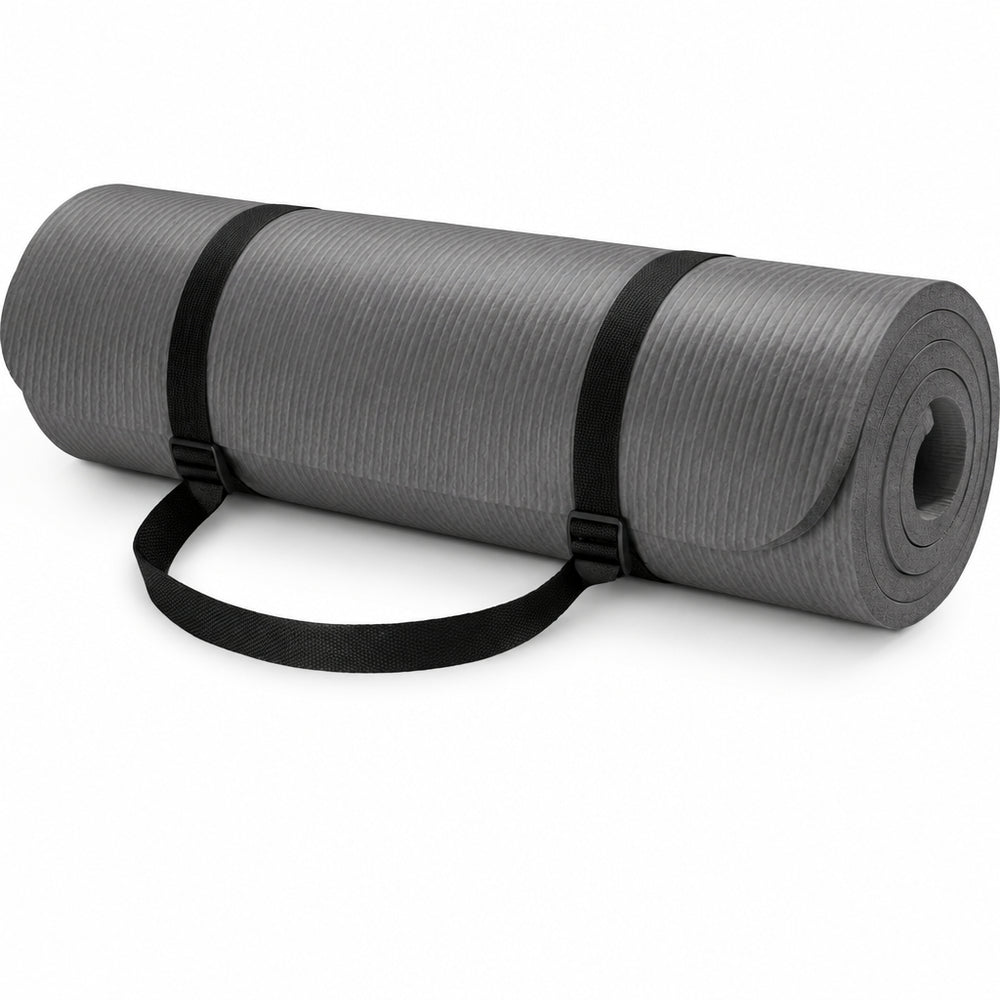 A gray rolled exercise/yoga mat with a black carrying strap, shown on a white background