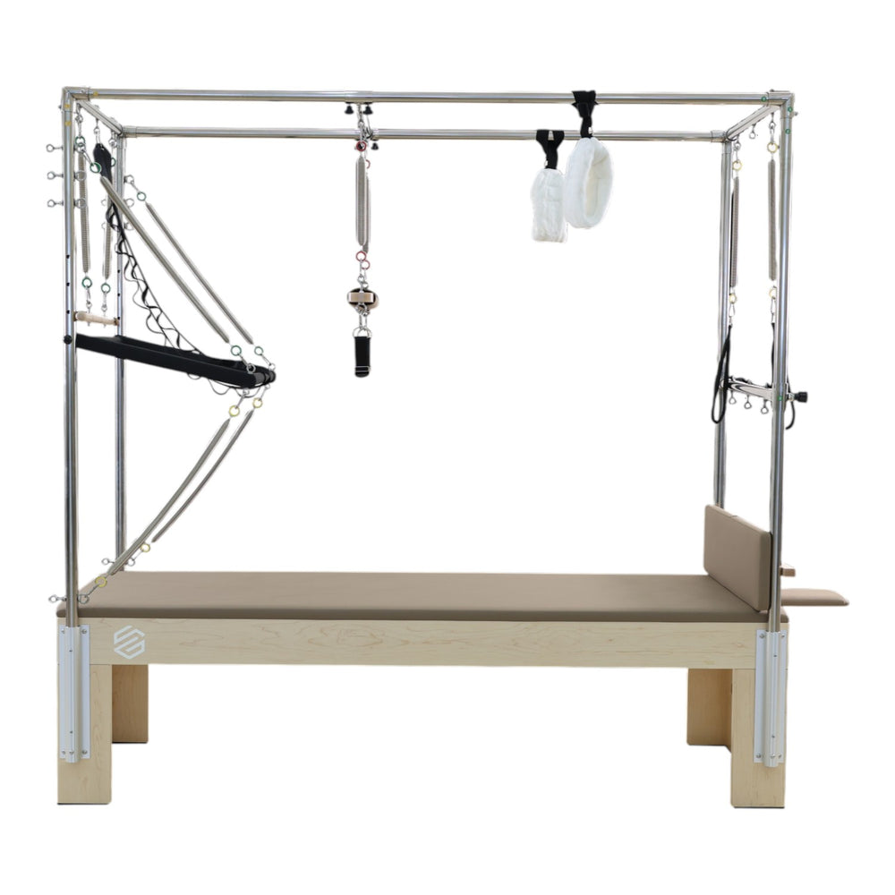 GS Essential Cadillac Reformer in dark grey shown from the front with roll-down bar and fuzzy handles