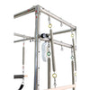 Close-up of the frame joint, adjustment knob and hanging springs on the Cadillac reformer tower
