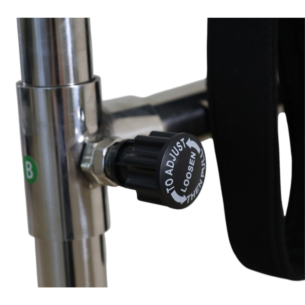 Close-up of the height adjustment knob on the Cadillac reformer's stainless steel upright pole