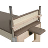 Close-up of the light wood footboard and padded armrest on the GS Essential Cadillac Reformer