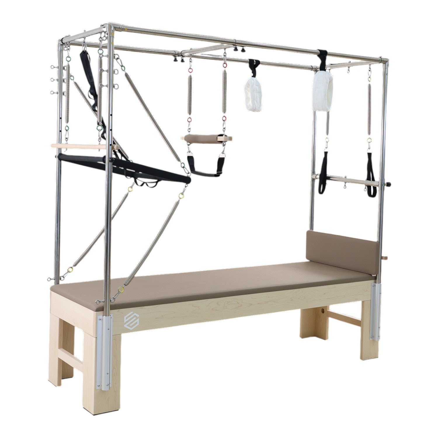 GS Essential Cadillac Reformer in light brown – full Pilates trapeze table with springs, straps and roll-down bar Main image