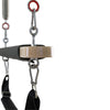 Close-up of the wooden bar end cap and carabiner clips on the Cadillac reformer trapeze