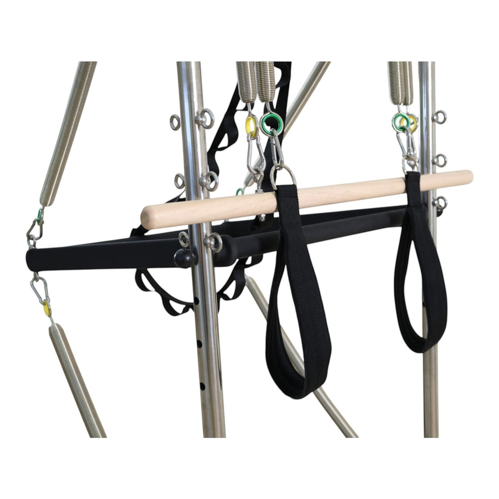 Gym Superstore professional wooden Pilates reformer tower attachment with black straps and adjustable metal springs