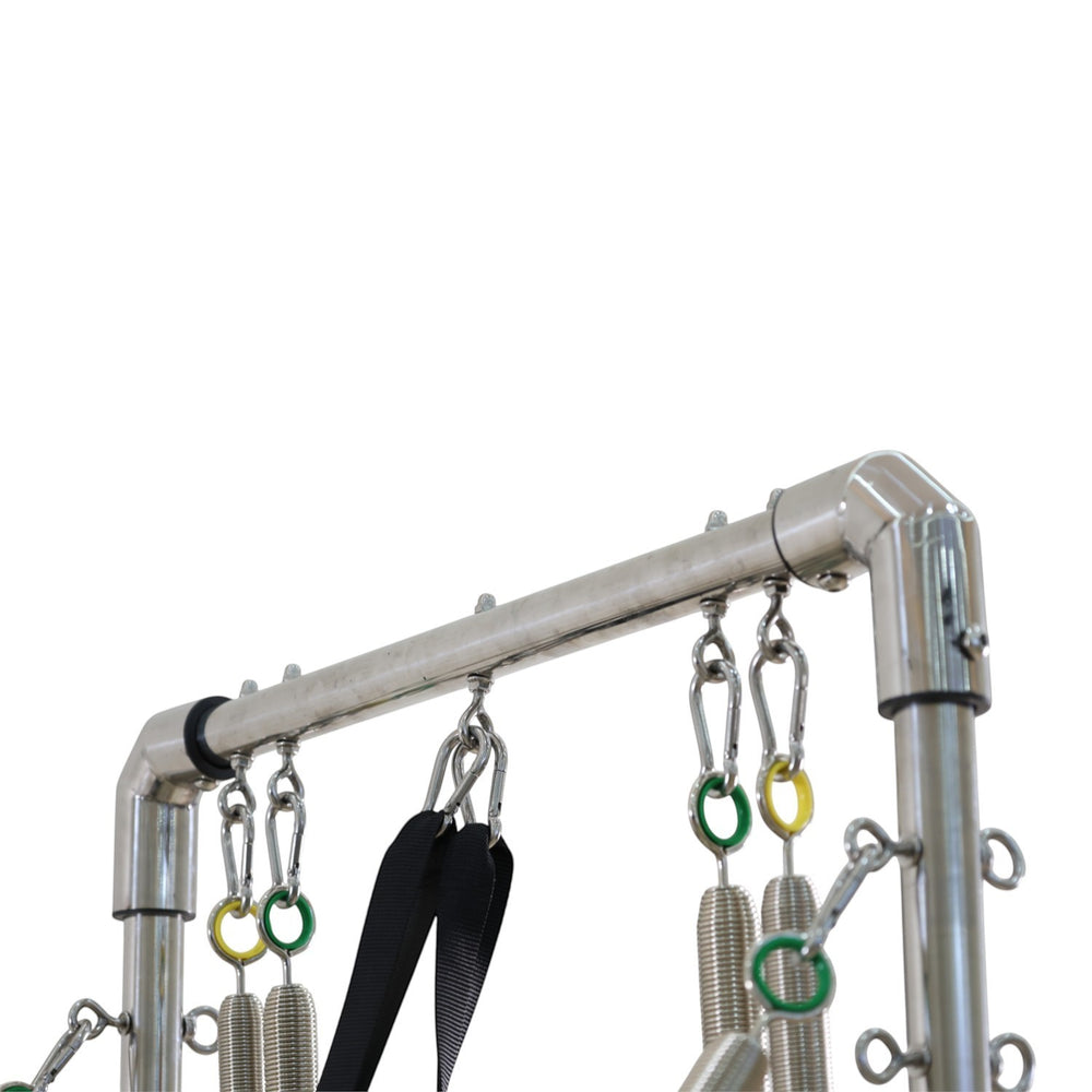 Gym Superstore professional Pilates reformer tower attachment with stainless steel frame, springs, and black straps.