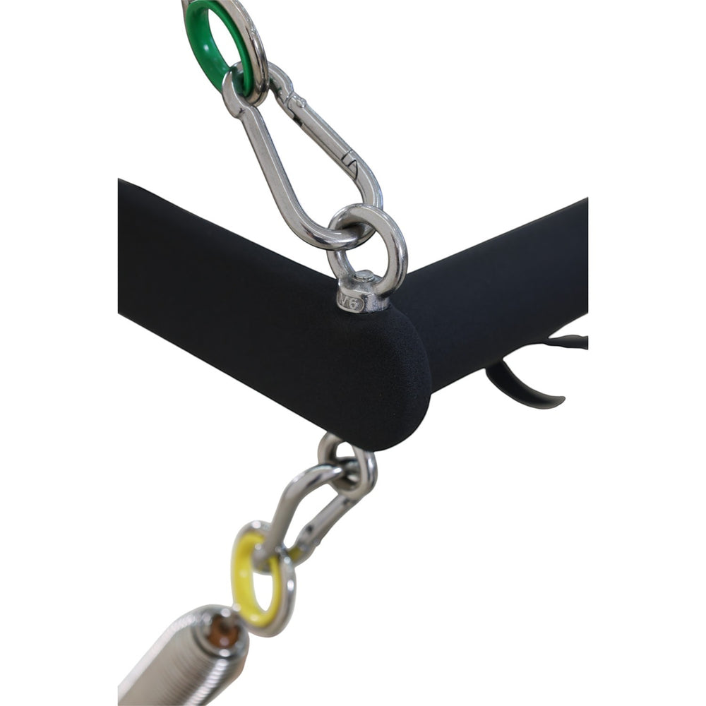 Gym Superstore Pilates reformer tower attachment showing black padded bar with metal spring clips and carabiners