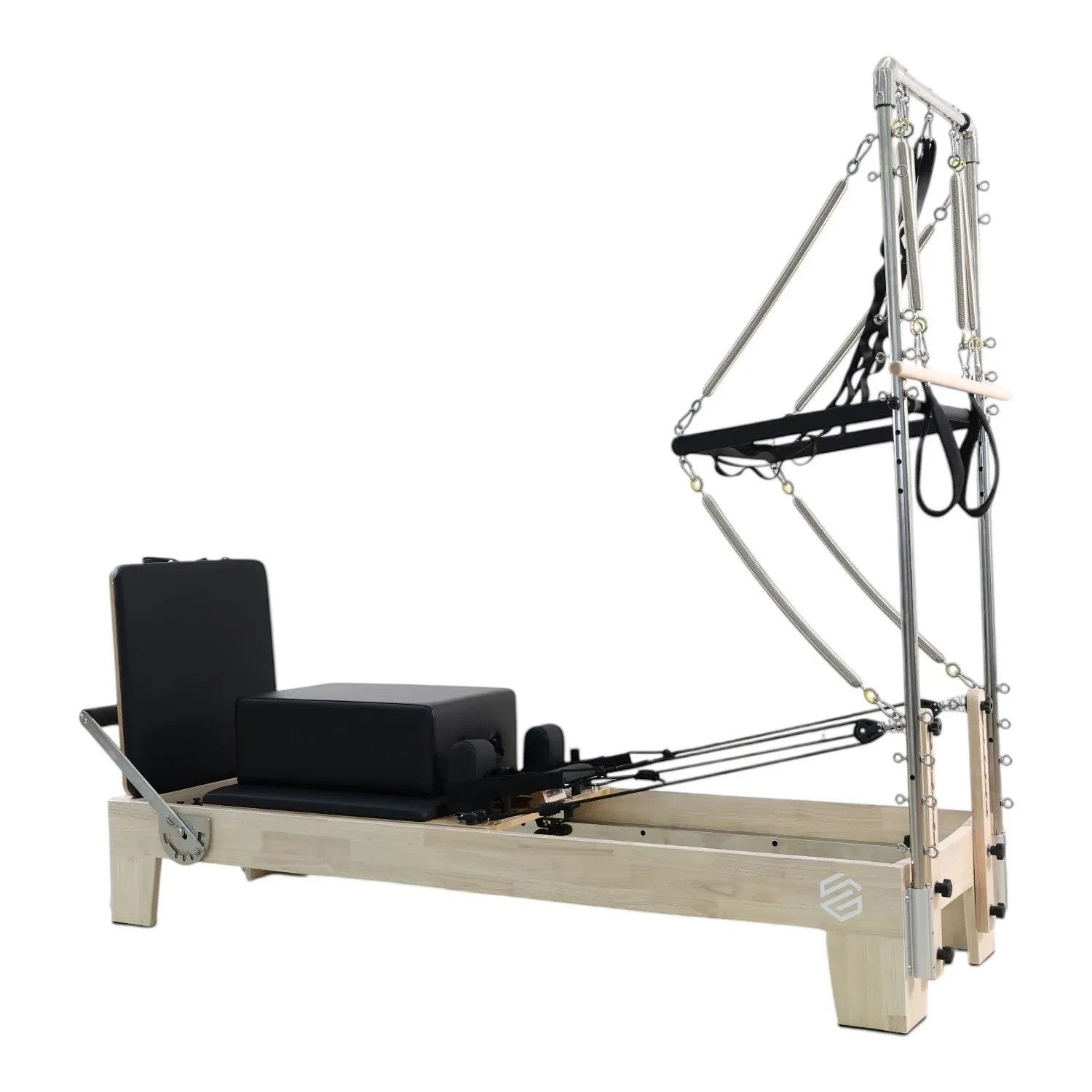 Gym Superstore professional wooden Pilates reformer with integrated tower attachment, black upholstery, and springs. Main image