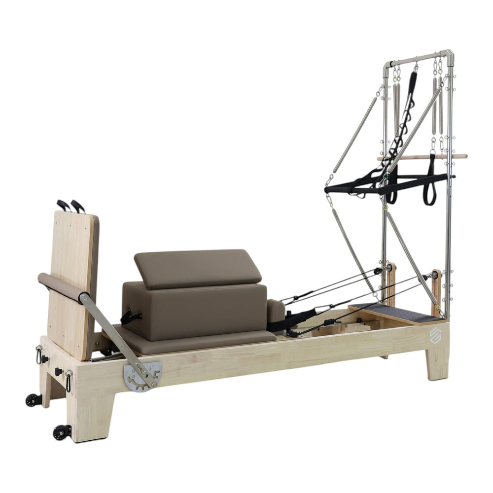Gym Superstore professional wooden Pilates reformer with tower attachment, featuring taupe padding and metal springs.