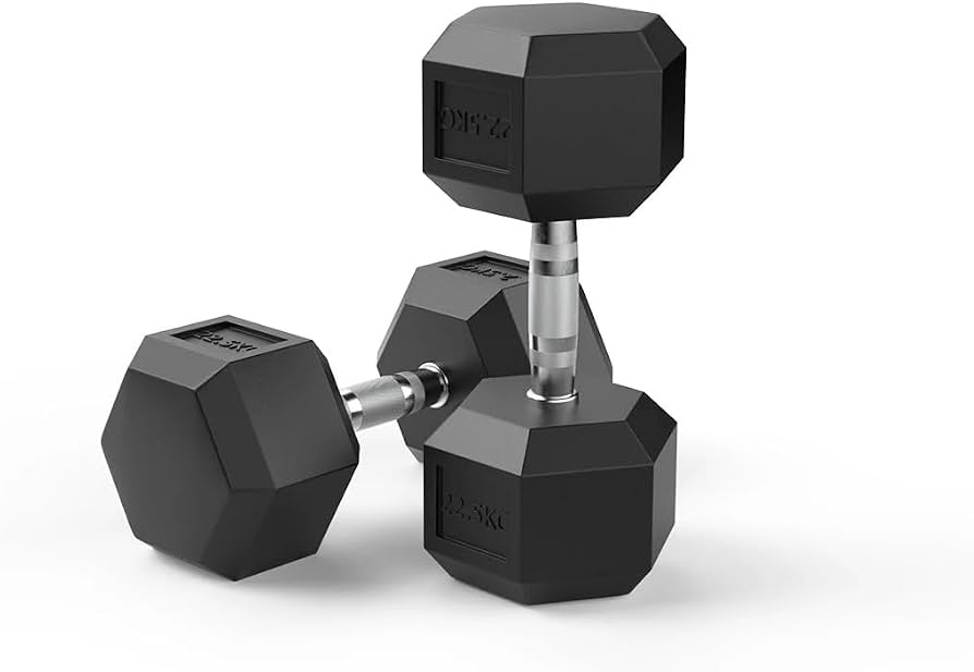 Two black hexagonal dumbbells with silver metal handles arranged together on a clean white background. Main image
